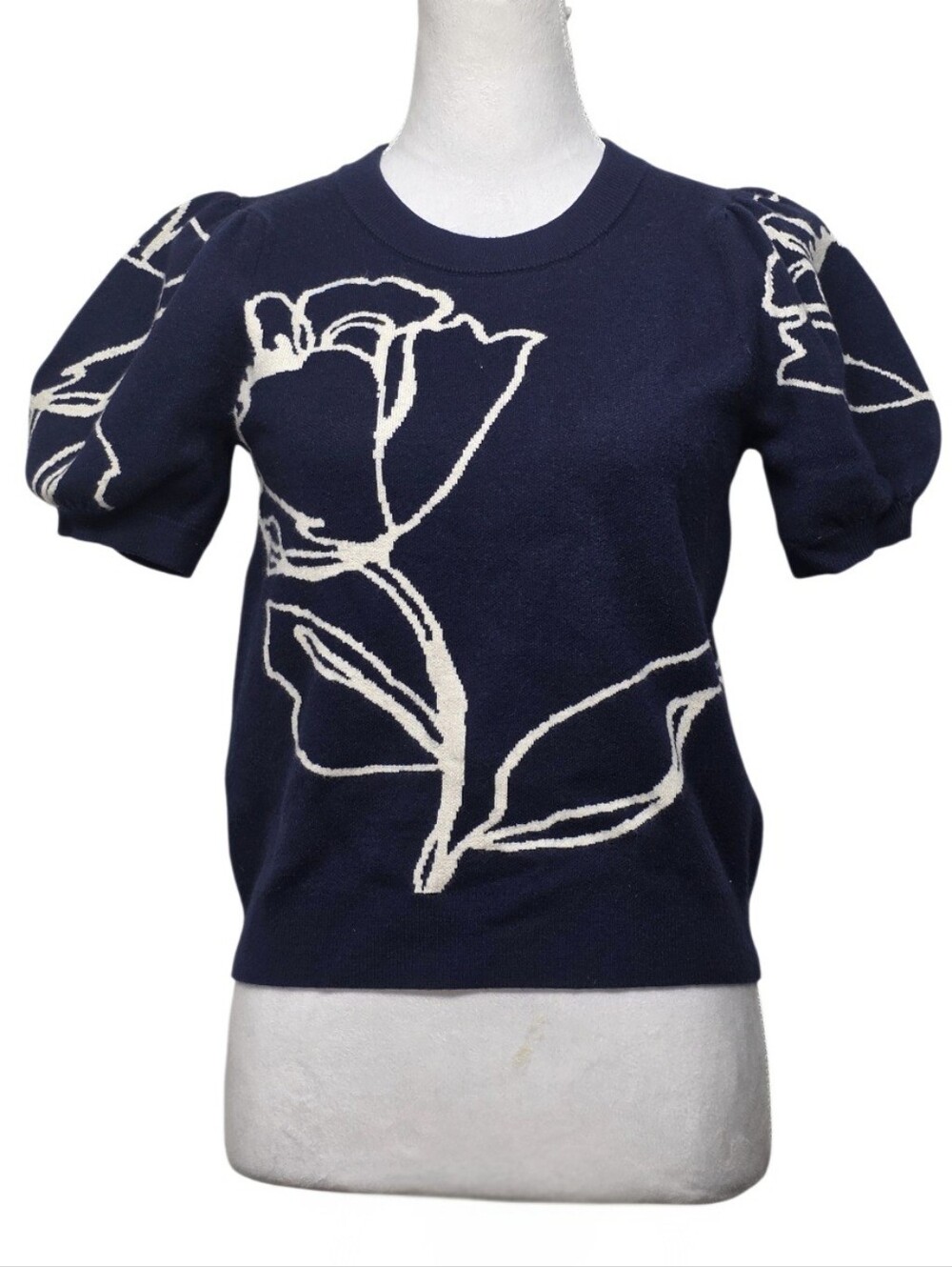 Maeve Navy Blue Crewneck Sweater with Ivory Floral Outline Size Small